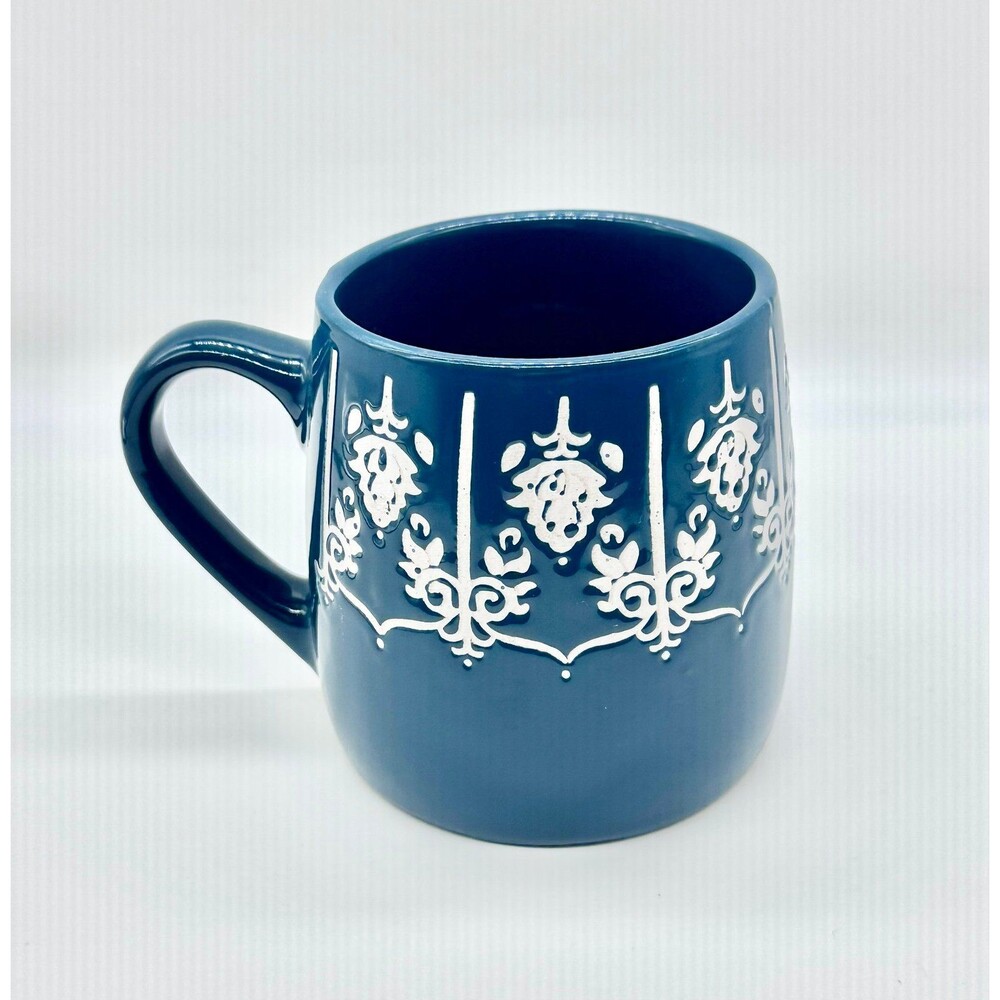 Fabulous Home Filigree Embossed Teal Blue Green White Coffee Mug Cup